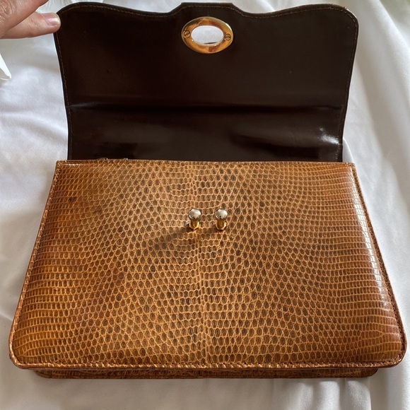 Vintage Murray Kruger Caramel Brown Snakeskin Embossed Top Handle Handbag - Picture 9 of 17